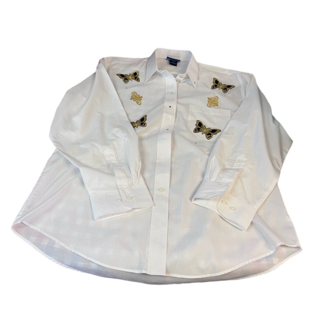Las Olas oversized White Gold Butterfly Embroidered Button up shirt Size L